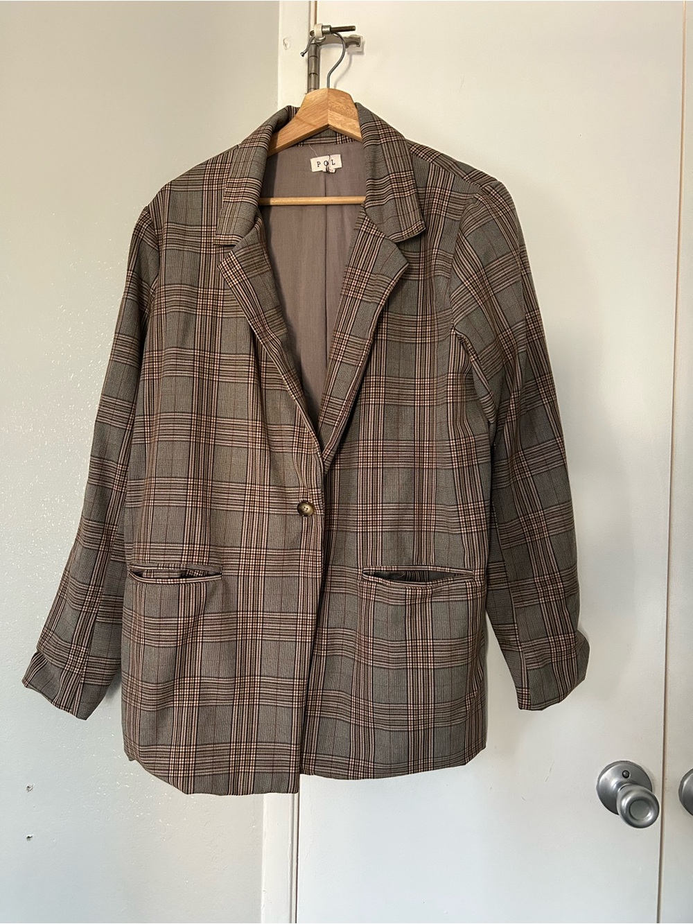 POL Plaid Single-Button Blazer in Brown and Gray